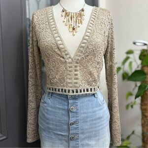 T Betty V-Neck Long Sleeve Pullover Floral Lace Embroidered Blouse | Size XL